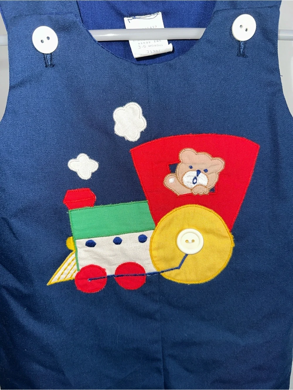 Vintage 90s Baby Togs Train Teddy Bear Romper Overalls Navy Blue Boy 3-6 Months